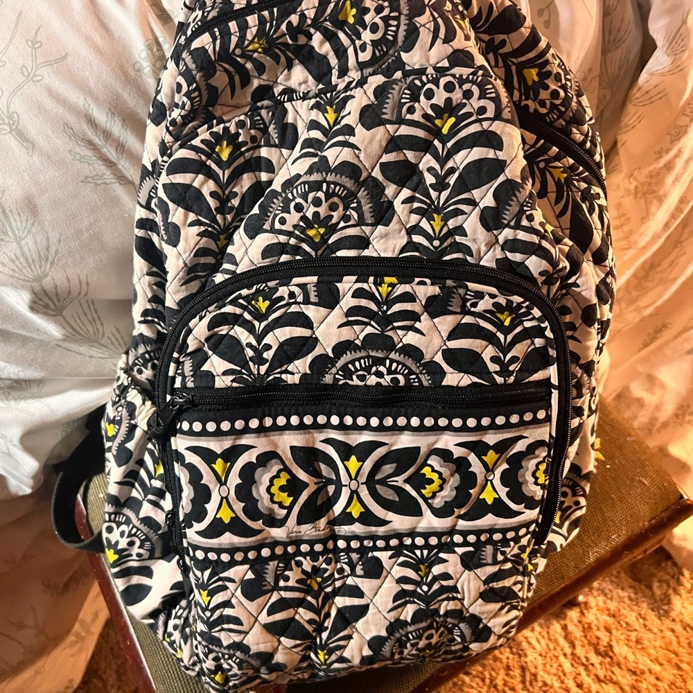 Vera Bradley Black and Yellow Patterned Backpack 6 pockets